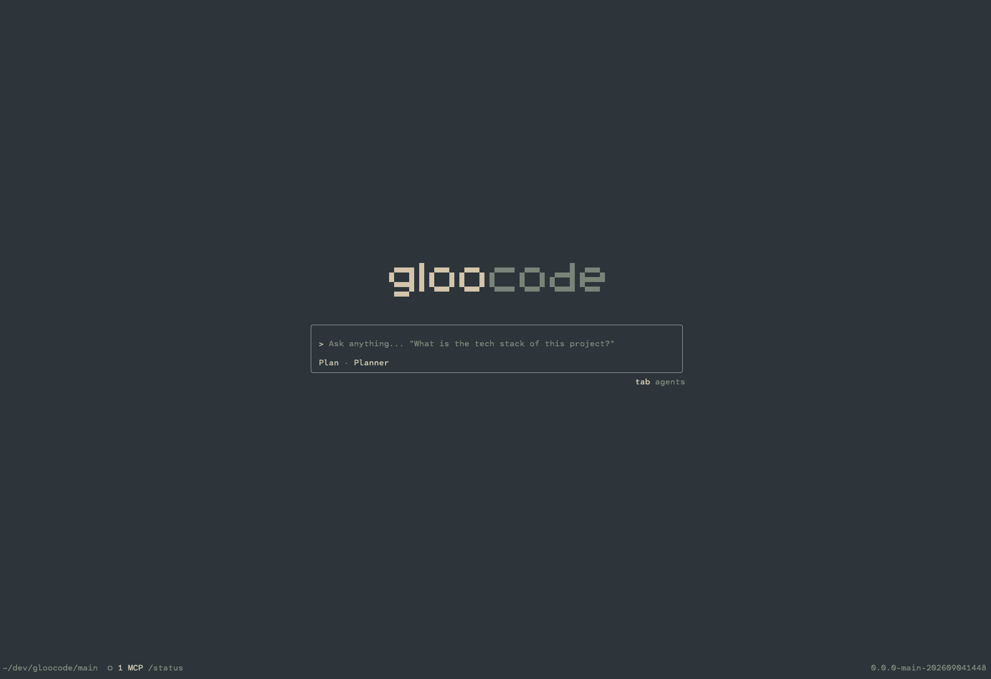 The Gloo Code terminal: an open prompt. Ask anything, pick an agent, and go.